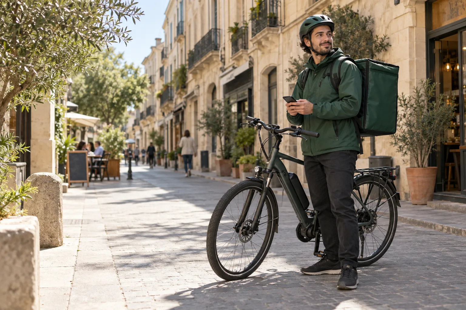 Livreur Local Eats à vélo dans une rue de Montpellier